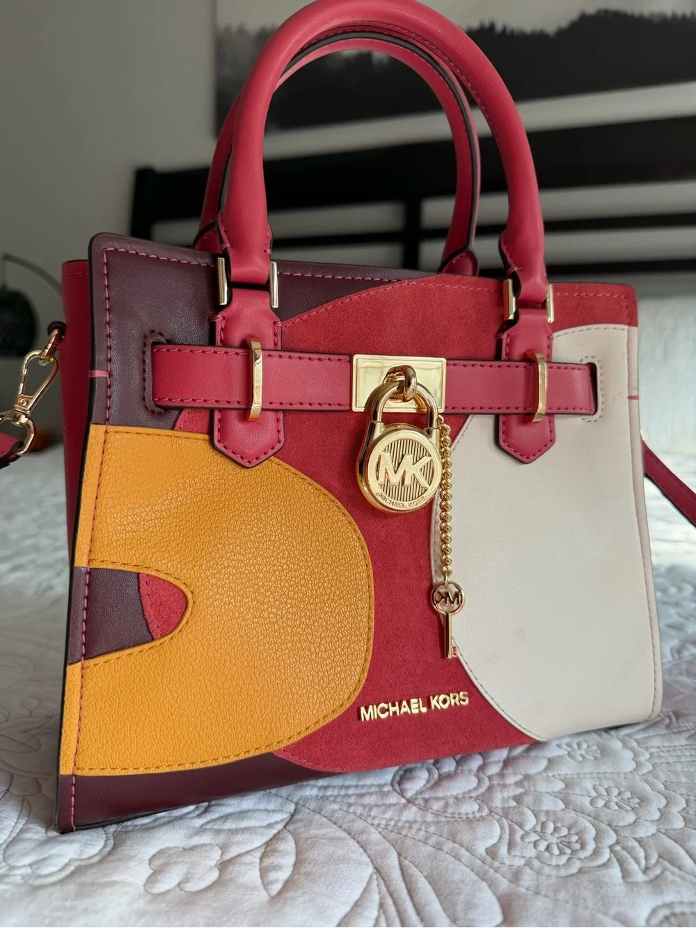 Michael Kors Hamilton Small Patchwork Satchel Gold Charm Light Berry Leather